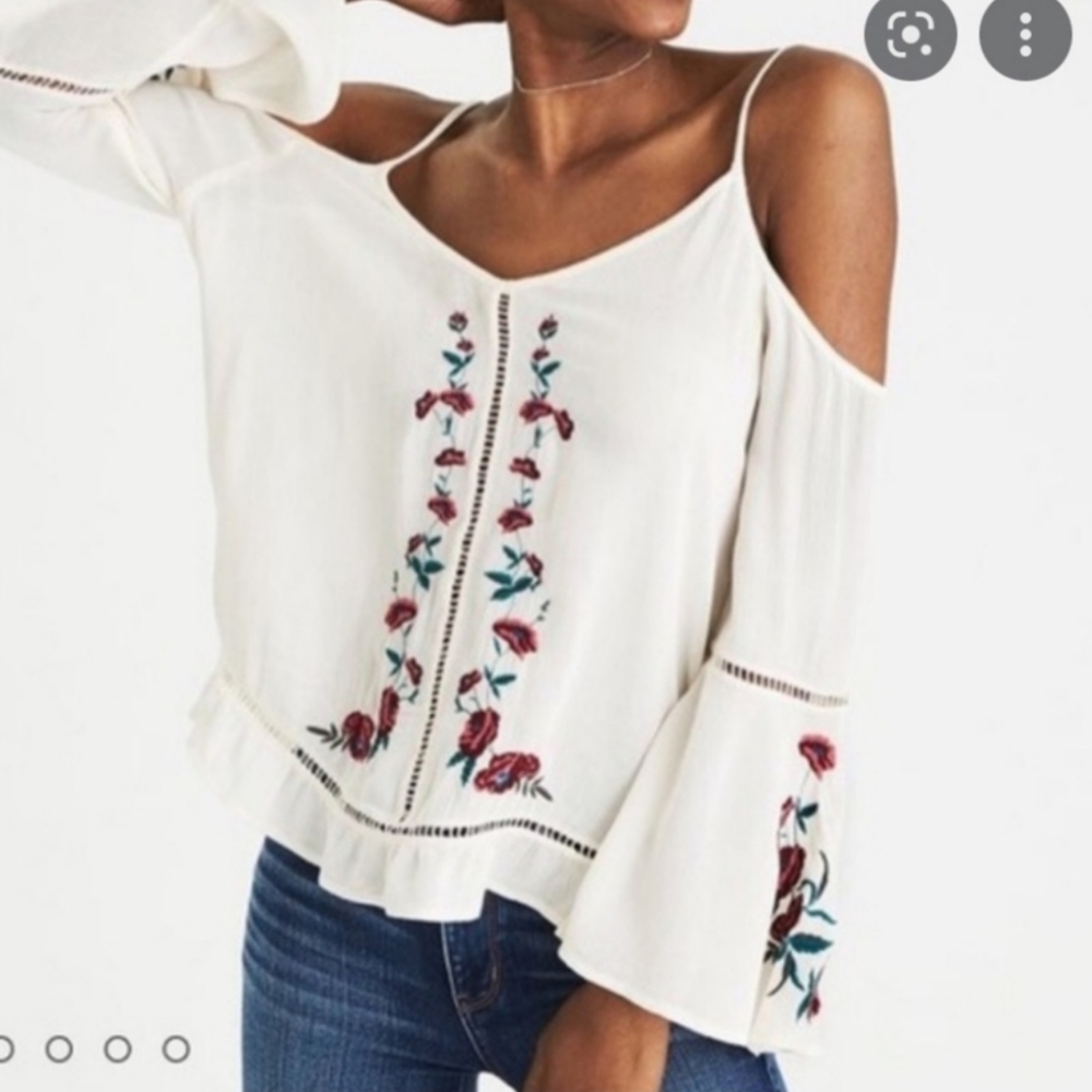 American Eagle | Boho Embroidered Ivory Off The Shoulder Crop Top